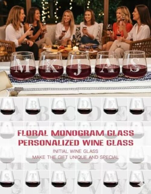 Personalized Wine Glass for Women, Stemlessonogram Wine Glass with A–Z M