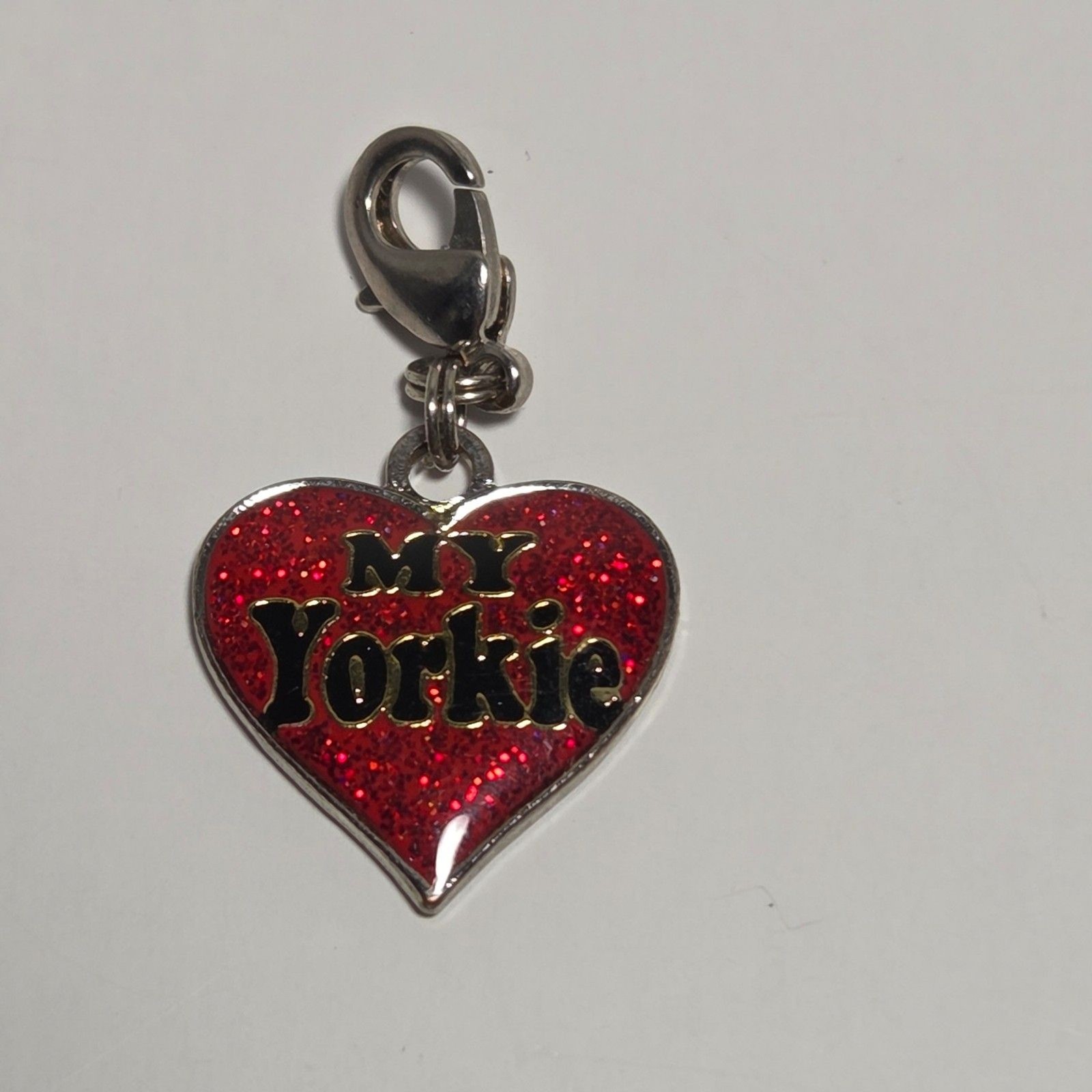 “My Yorkie” Red Glitter Heart Dog Lover Tag Pet Charm Lobster Clasp Double Sided