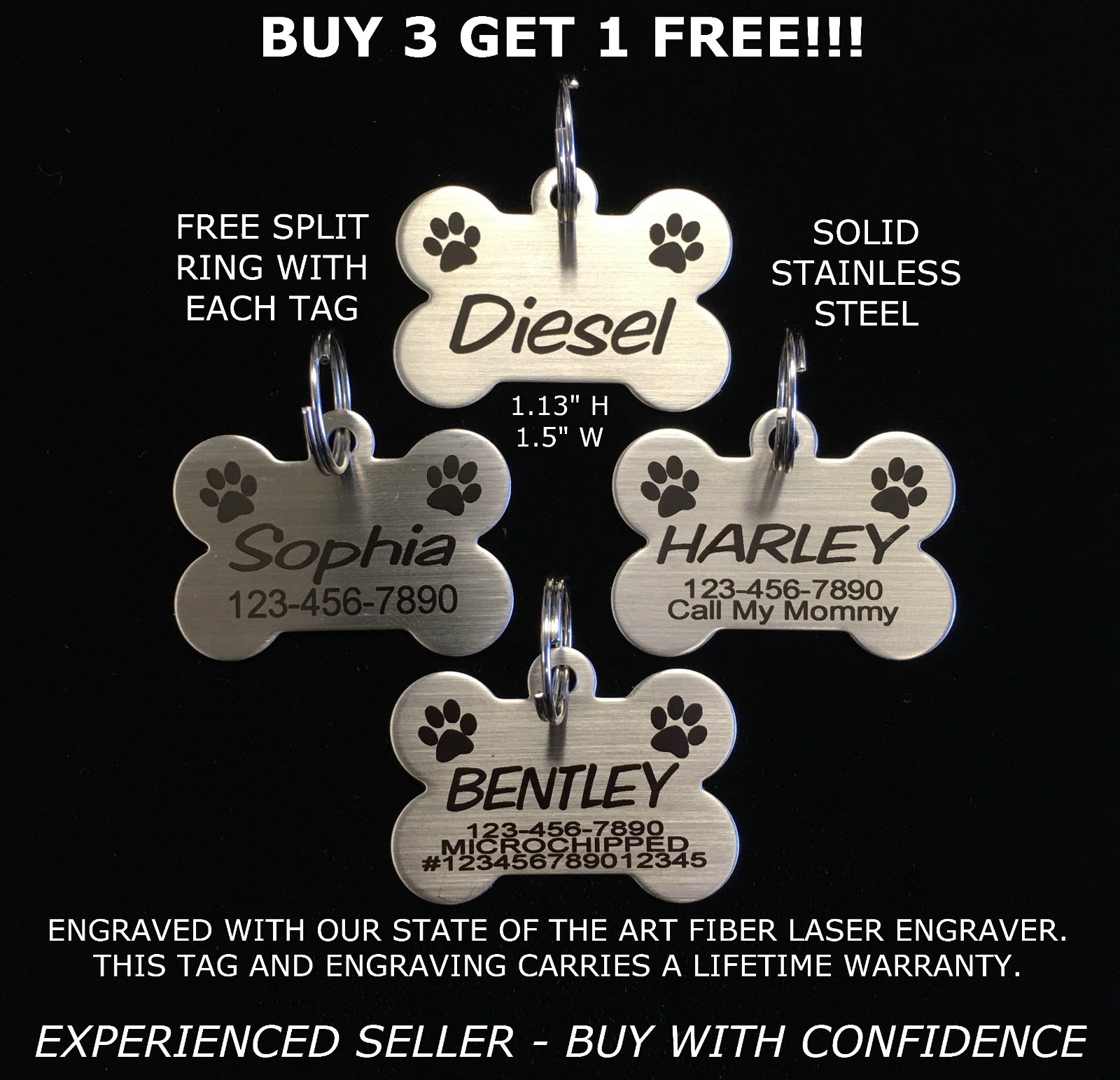 Custom Engraved STAINLESS STEEL BONE Pet Tag PAW PRINT Dog Cat ID IDENTIFICATION
