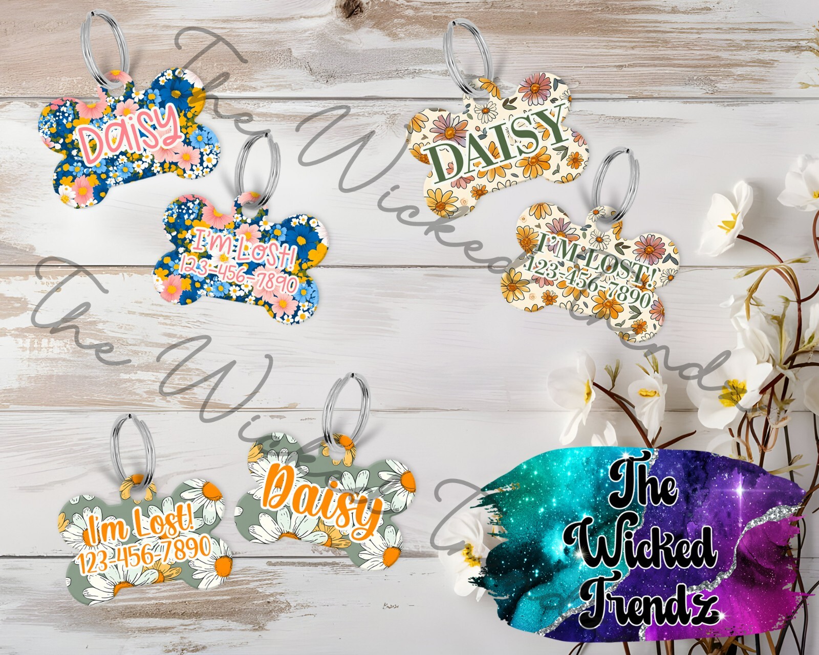 Cute Floral Daisy Flowers Girl Dog Custom Personalized Pet Dog Name ID Tag
