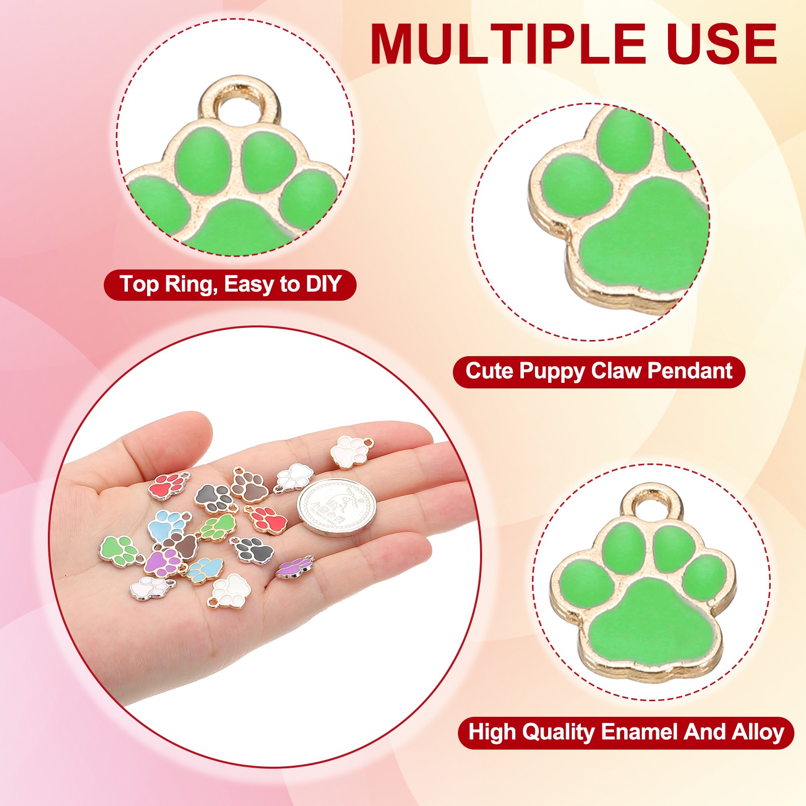 Enamel Paw Print Charm, 100Pcs Alloy Enamel Pendants , Green/gold