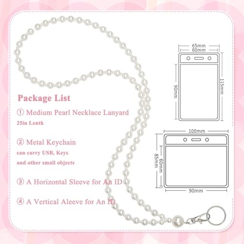 Middle White Pearl Lanyard for Women for ID Badges Name Tag and Keys Light