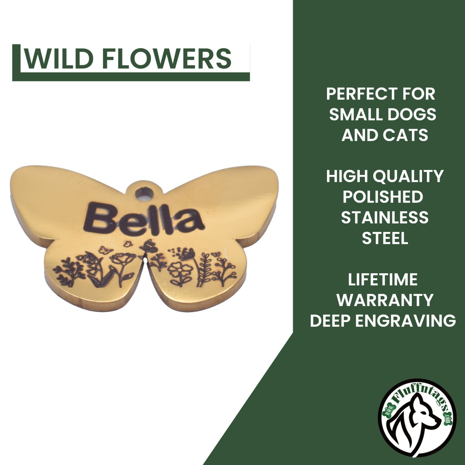 Custom Deep Engraved Butterfly Pet ID Stainless Steel for Small Dog & Cat ID Tag