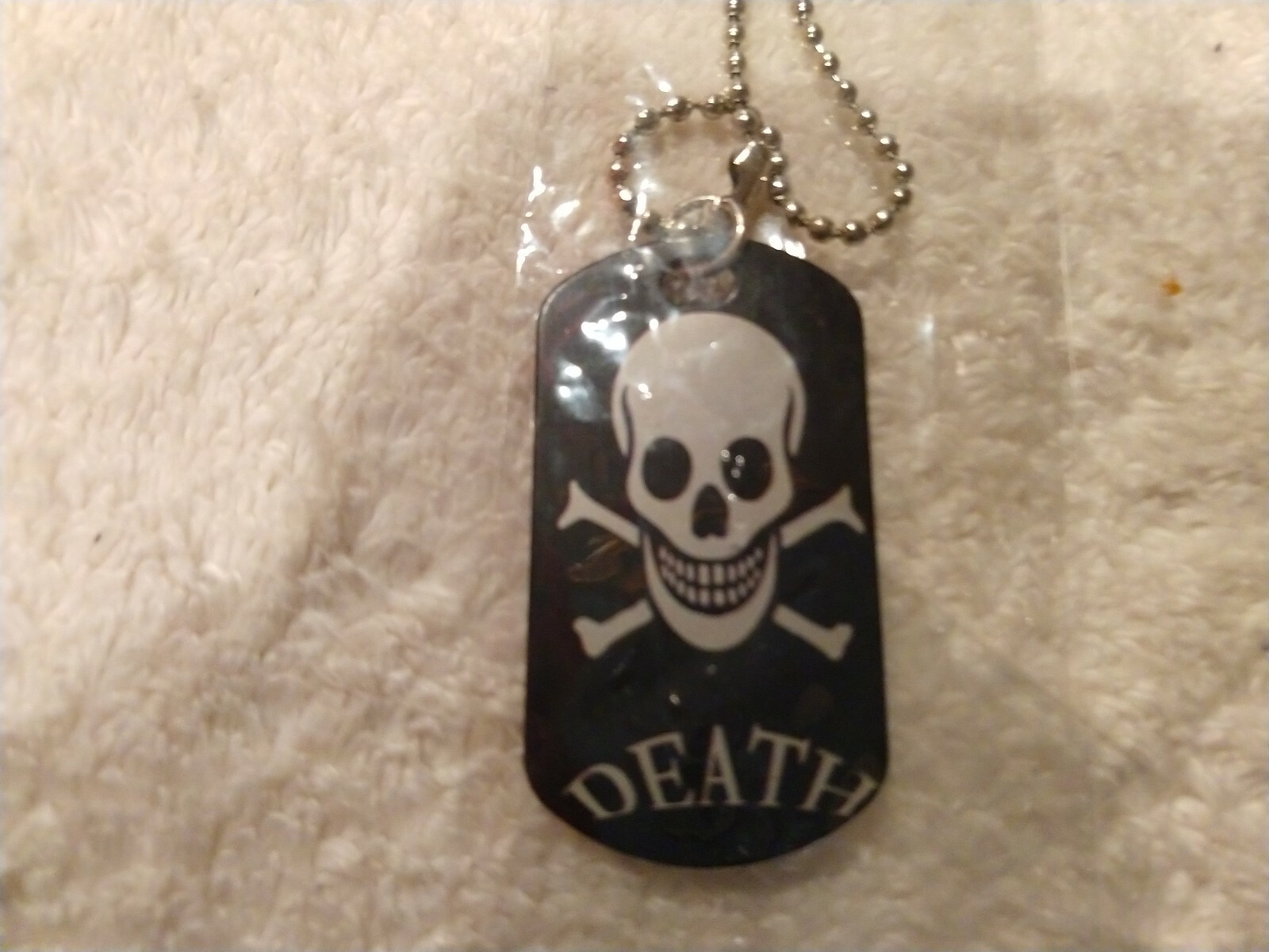 Skull-Crossbones Death Dog Tags+ Ball Chain Emu, Goth or Biker Halloween Costume