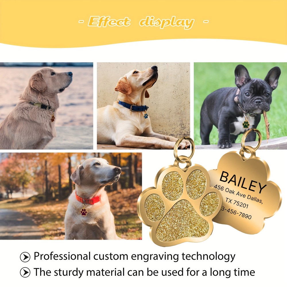 1pcs Customizable Pet ID Tag Engraved Paw Shaped Glitter Dog Cat Collar Name Tag