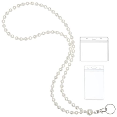 Middle White Pearl Lanyard for Women for ID Badges Name Tag and Keys Light