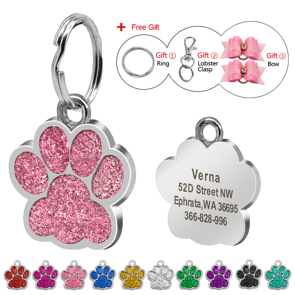 Glitter Paw Personalized ID Tags Engraved Pet Dog Cat Name Disc Collar Hair Bows