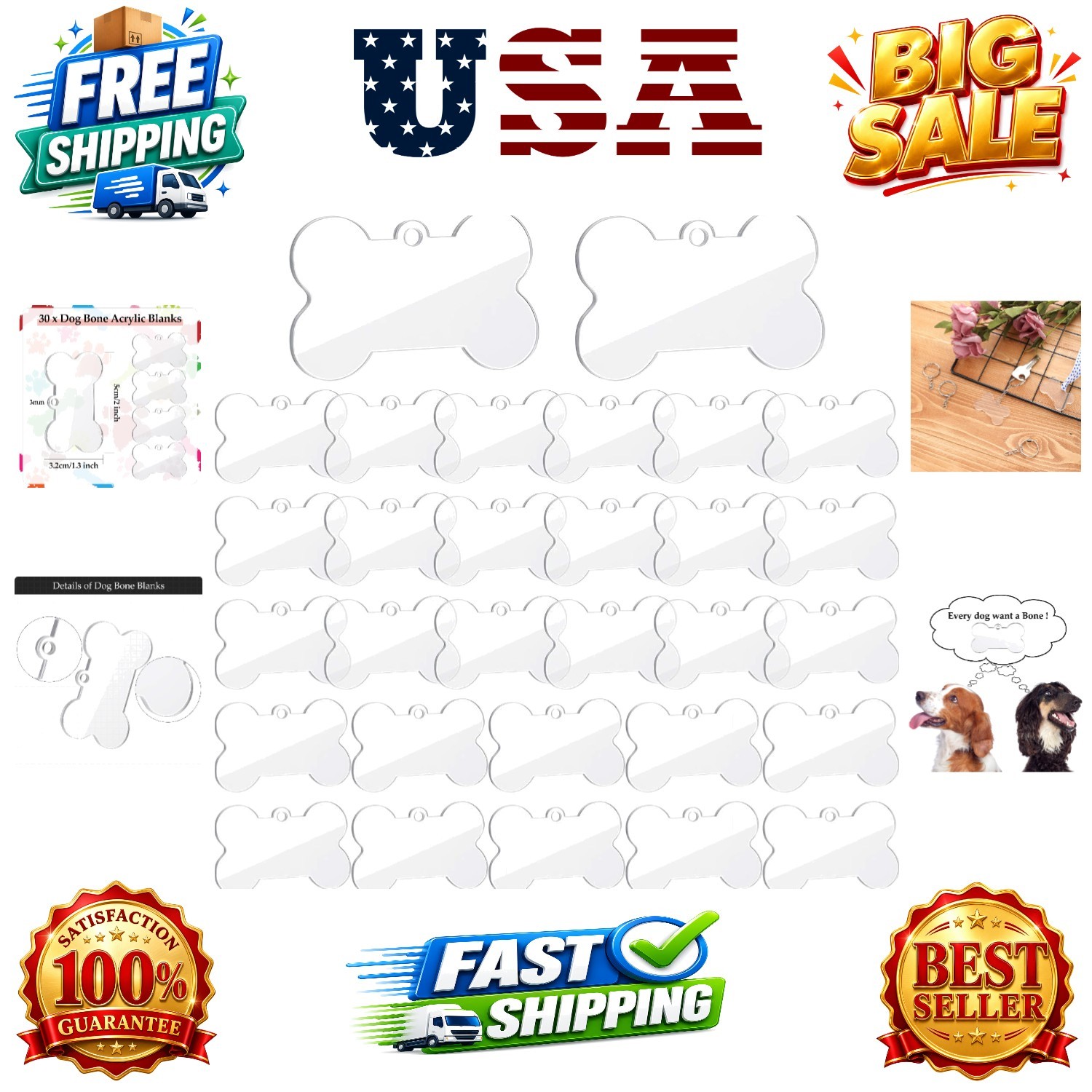 30 Pieces Sublimation Blank Dog Tags Clear Acrylic Keychain Blanks Dog Bone S…