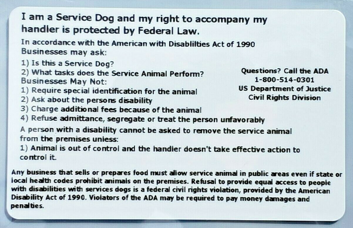 2 SERVICE DOG ID CARD BADGE ADA ESA LAW INFO RIGHTS HARD PLASTIC ACCESS