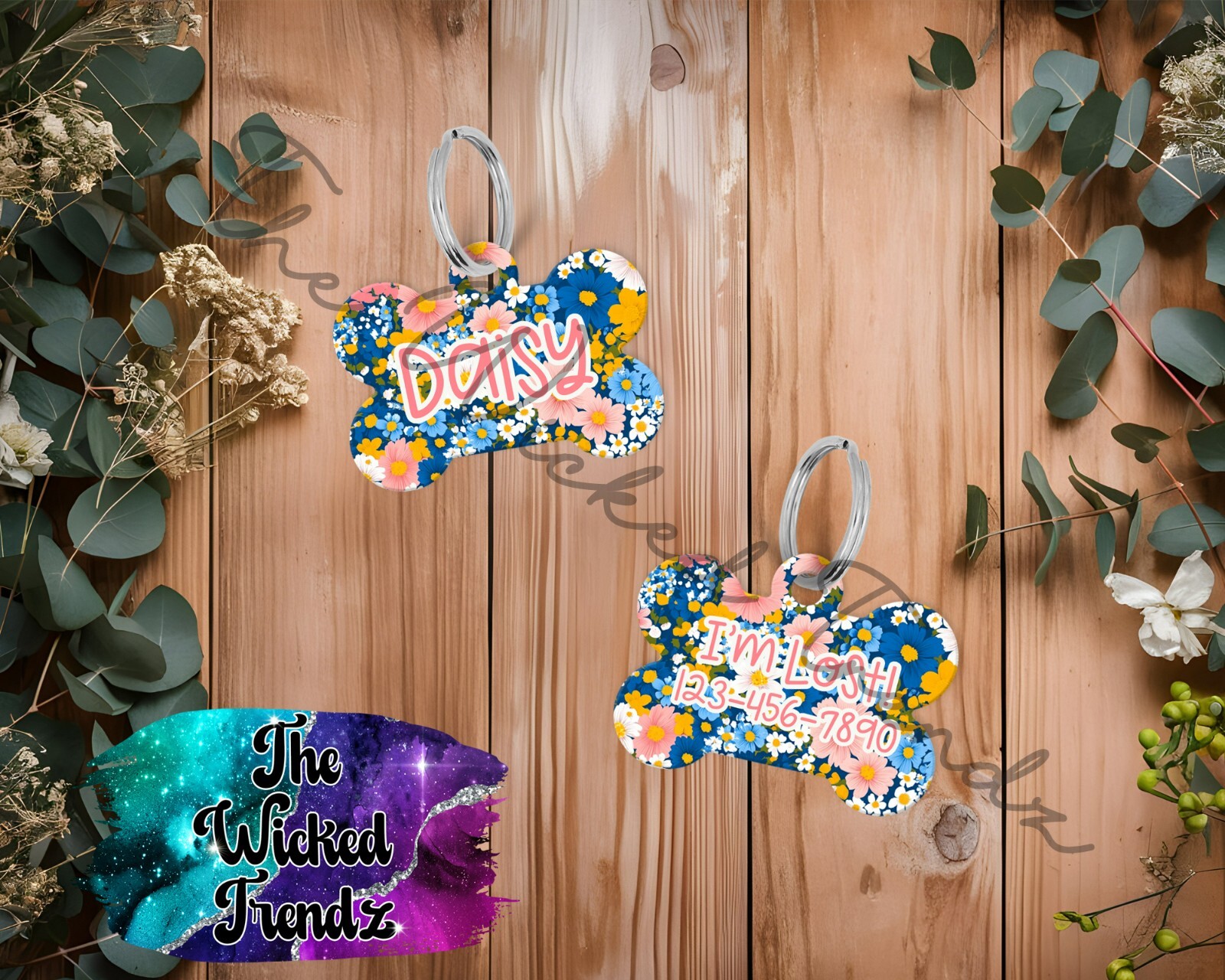 Cute Floral Daisy Flowers Girl Dog Custom Personalized Pet Dog Name ID Tag