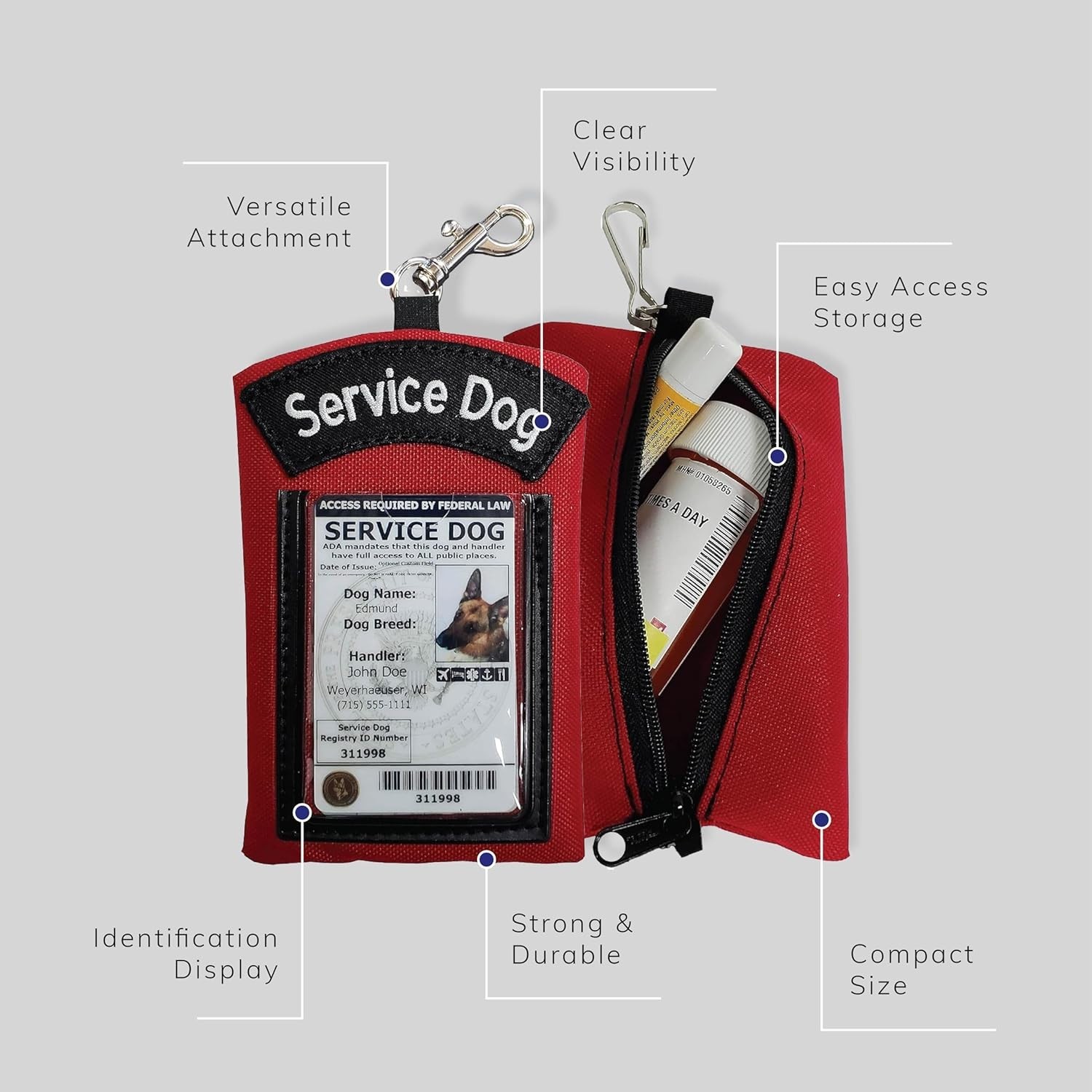 Durable Nylon Service Dog ID Tag Holder – Zipper Pocket for Essentials, 5″x4″