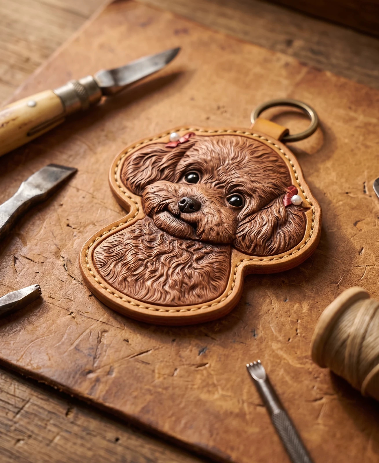 Custom Hand Drawn Pet Portrait Keychain PU Leather Carved Dog Cat Memorial Gift