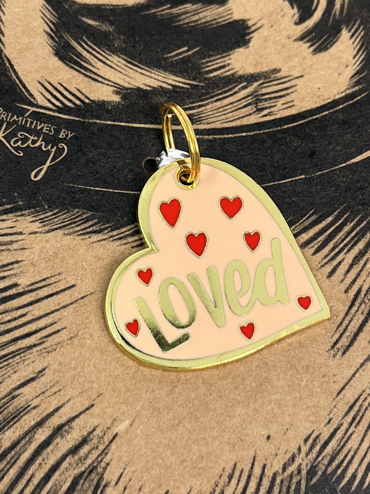 Dog Tag Heart Shaped with LOVE Metal Enamel Charm Primatives by Kathy