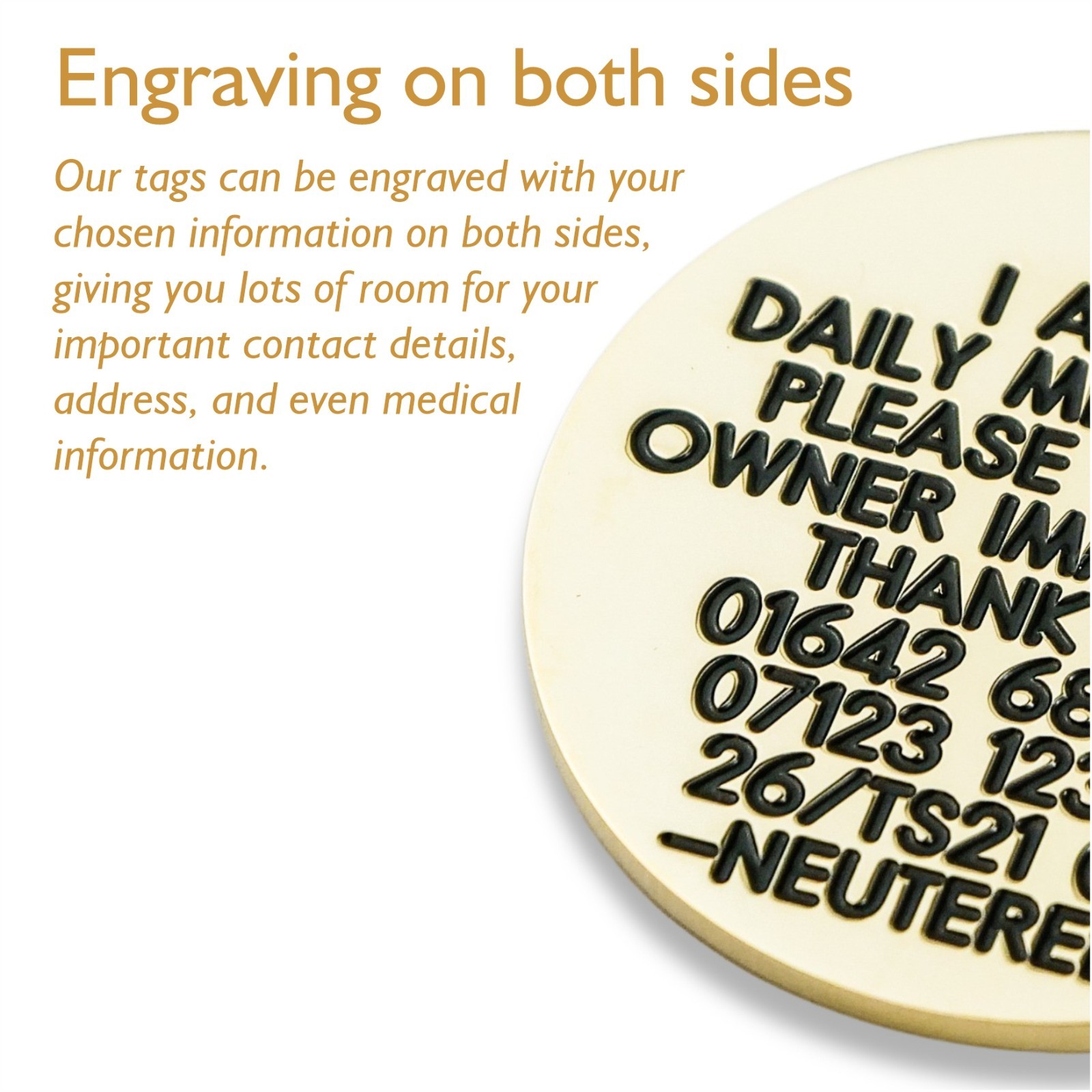 Deeply engraved solid brass dog tag, 39mm disc. Up to 10 lines on each side