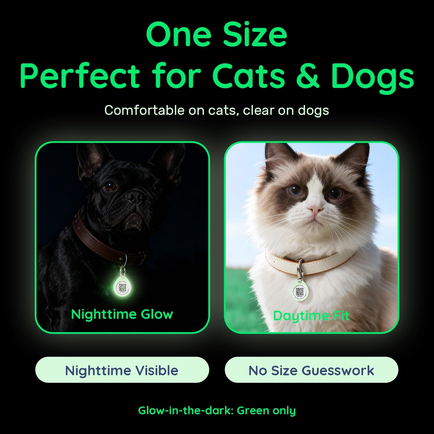 QR Code Dog Tag Cat Tag Scan Reunite Waterproof Durable Glow Dark Green Pet