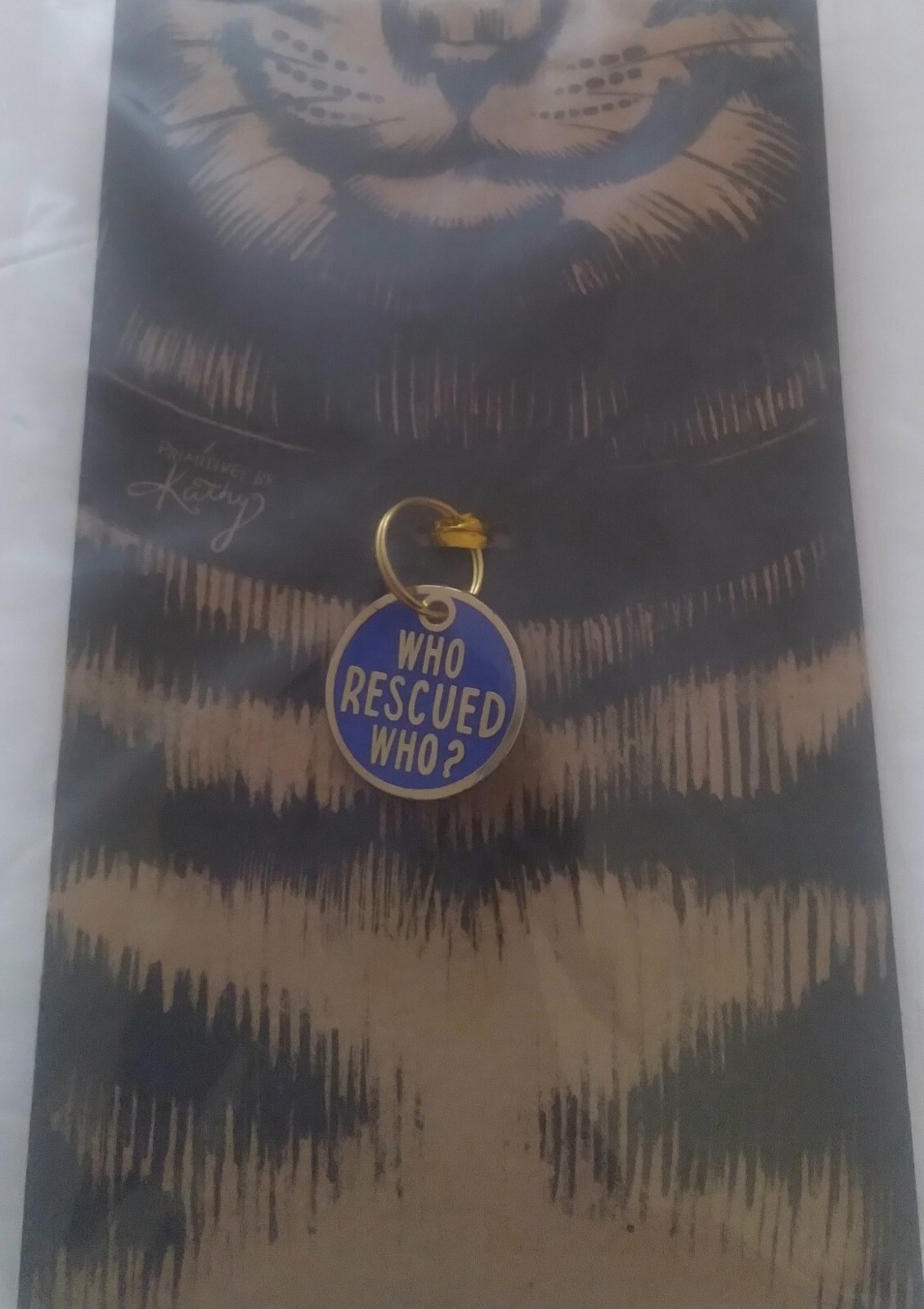 Who Rescued Who? Dog Cat Pet Collar Charm Blue Metal Primitives By Kathy Freeshi