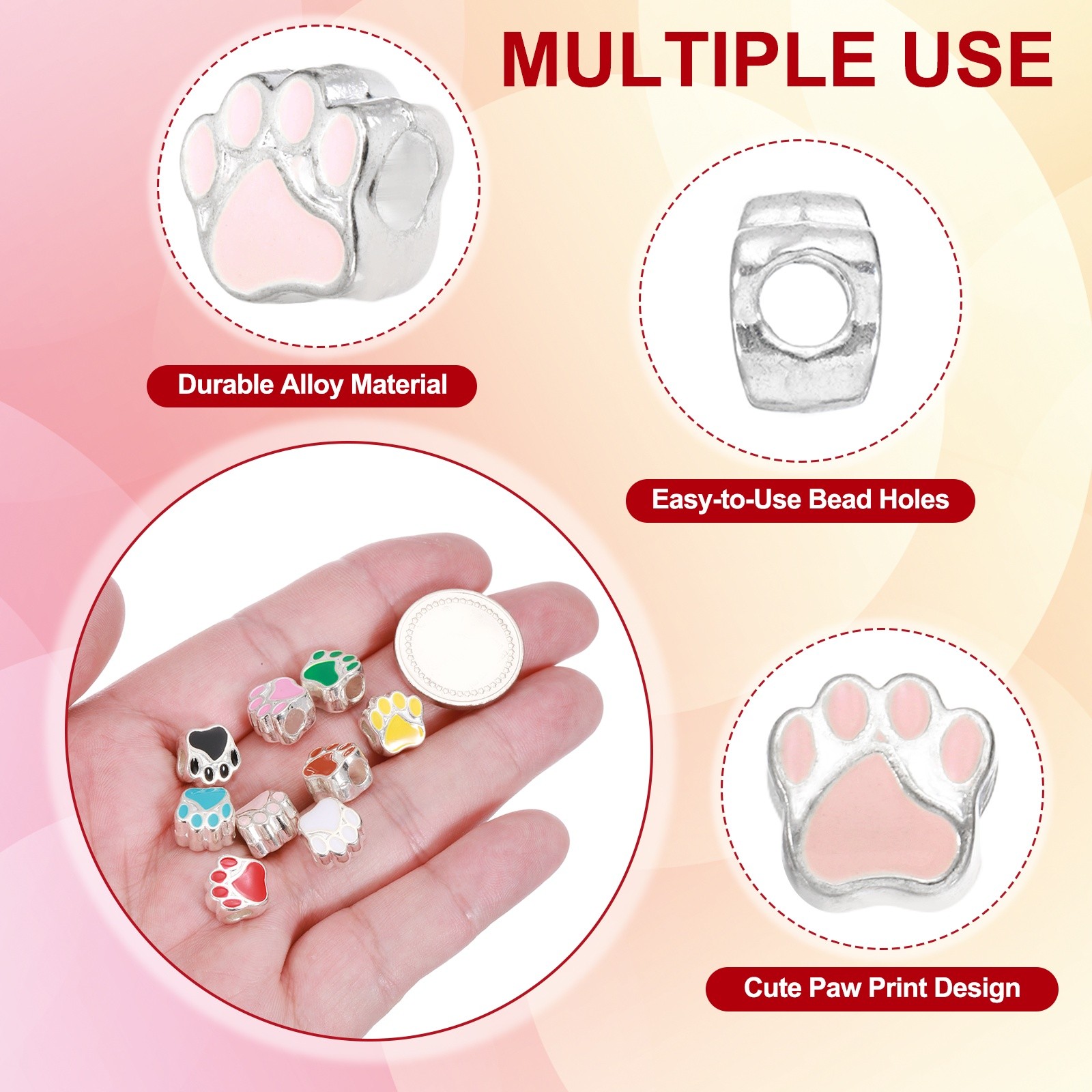 Enamel Paw Print Charms, Alloy Dog Cat Paw Large Hole Beads, 20Pcs(Pink)