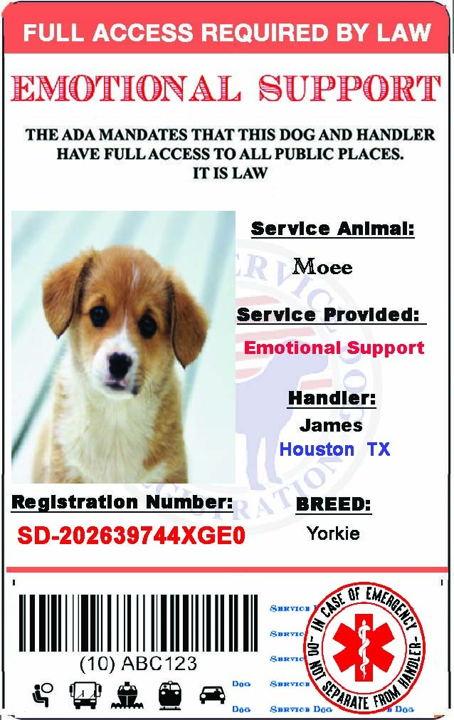 EmotionalSupport Dog Card ID Assistance Animal Badge ESA ADA