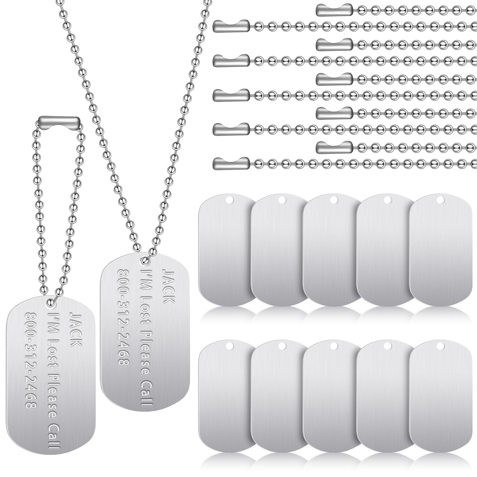 20 Pieces Military Dog Tags Set Including 10 Stainless Steel Army Blank Dog T…