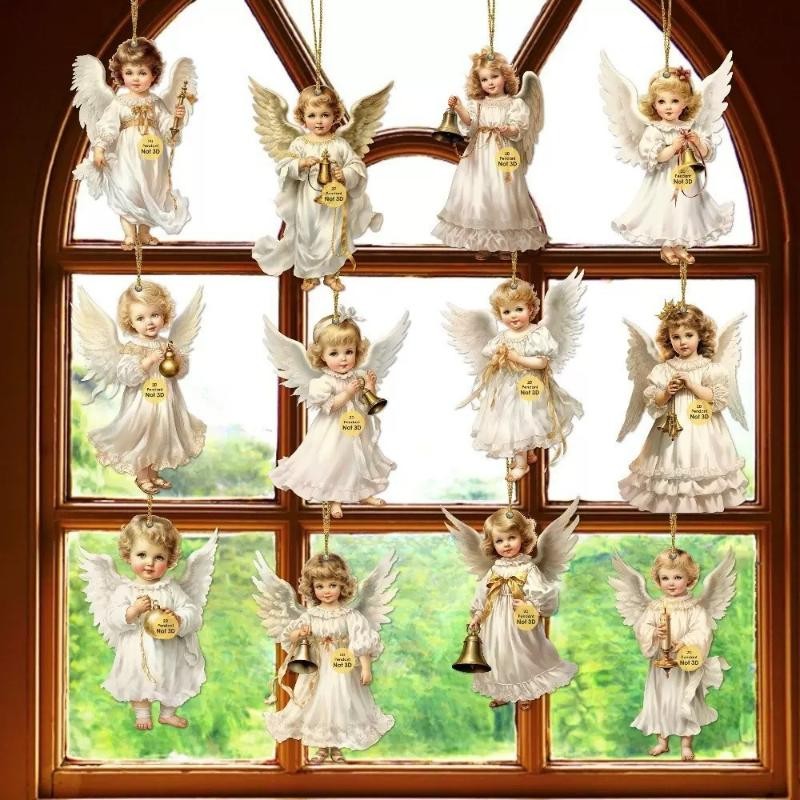 12pcs Vintage Christmas Angel Wooden Pendants, Artificial Wood Hanging Ornaments