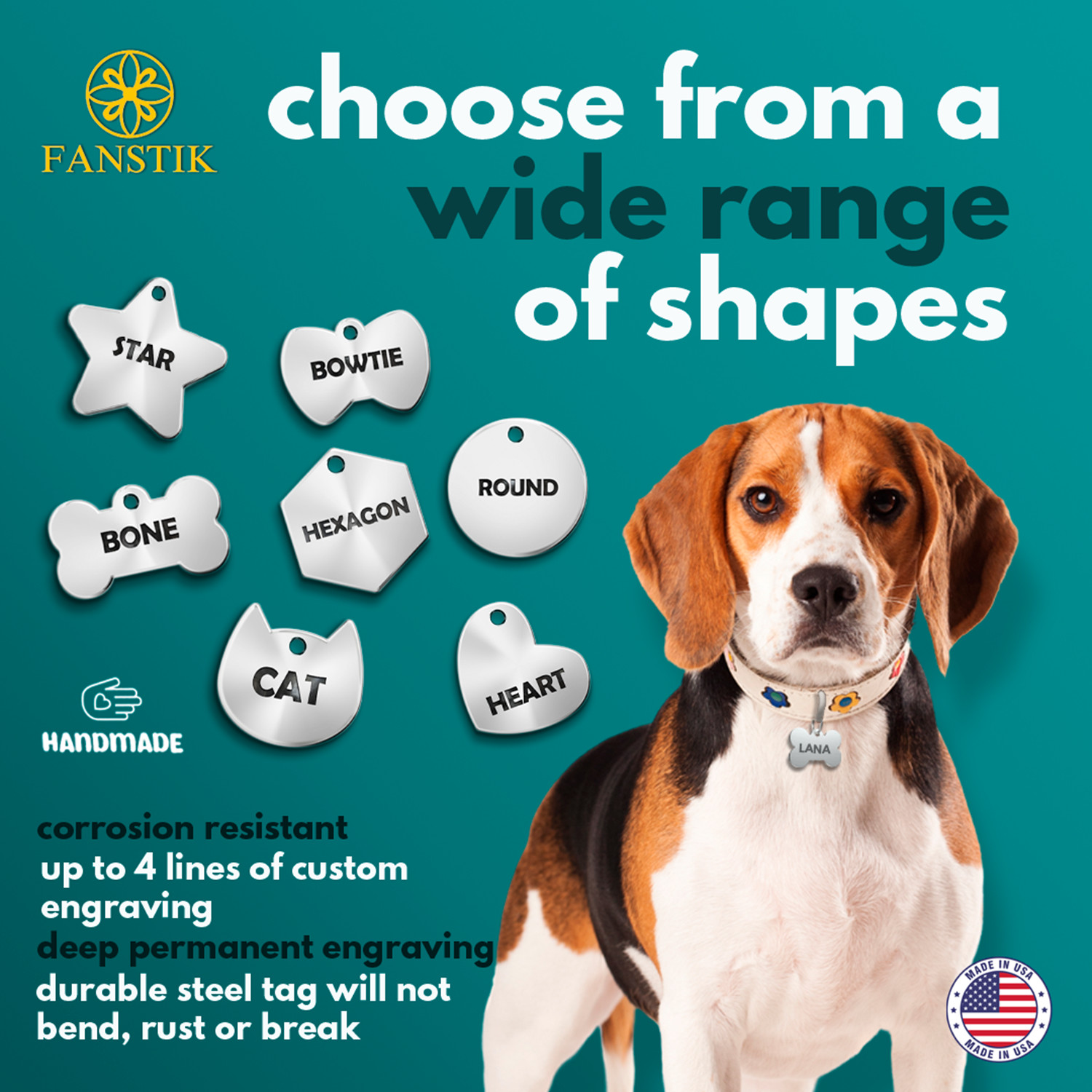 Pet ID Tag, Customized Dog Tags, Cat Tags, Engraved (Illustration) MADE IN USA