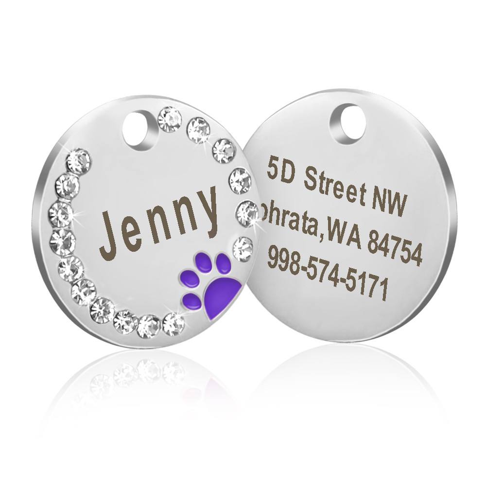 Paw Rhinestone Personalized Dog Tags Pet Cat ID Name Tag Engraved Free Hair Bows