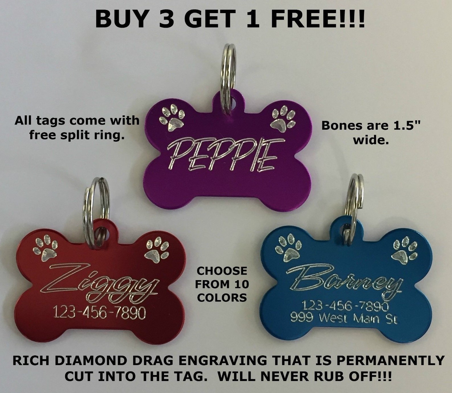 Custom Engraved Bone Paw Print Pet Tag Dog Cat ID Name Animal – 10 COLORS
