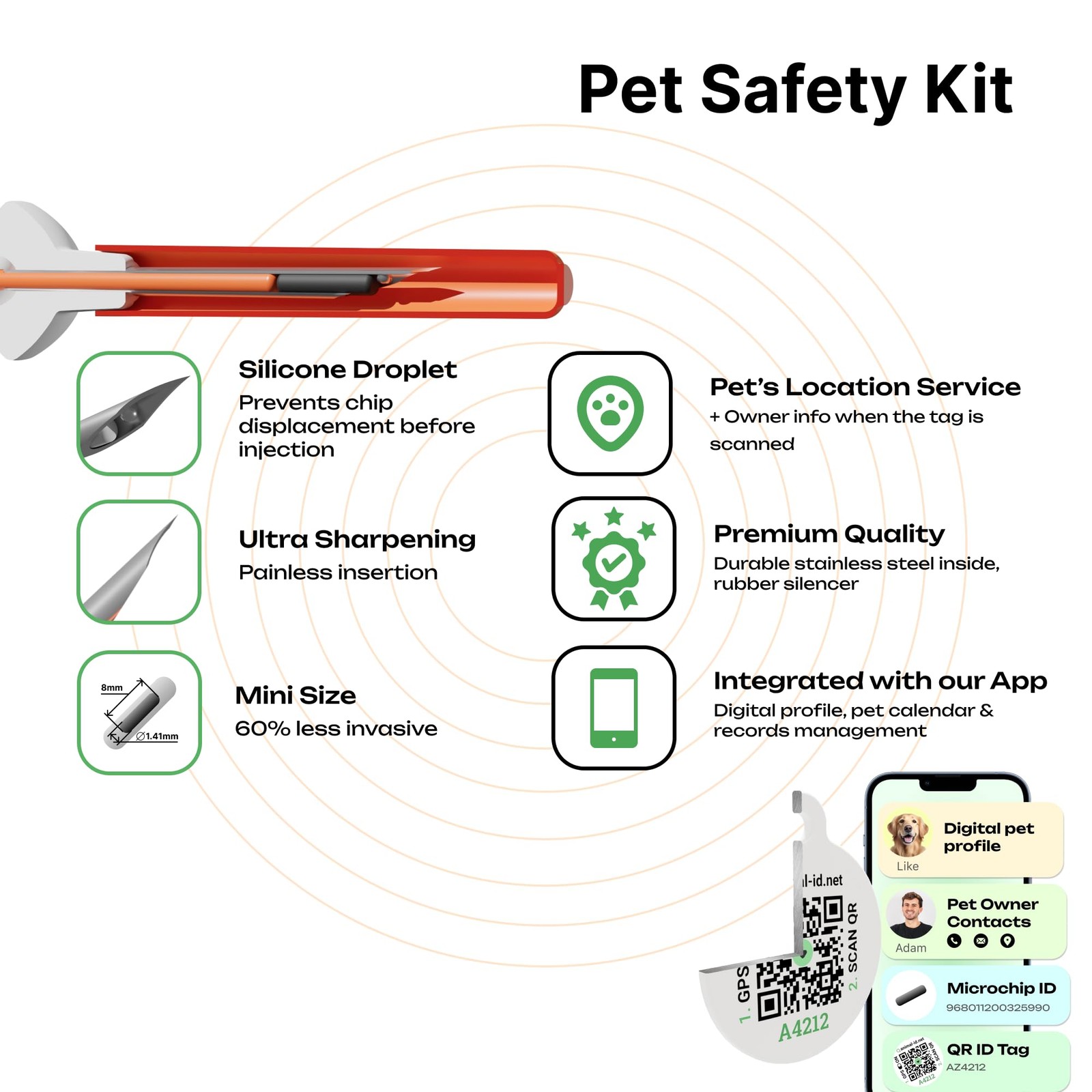 Mini Microchip Kit Dogs Cats Small Pets 1.4x8mm BioGlass QR ID Tag Free Reg