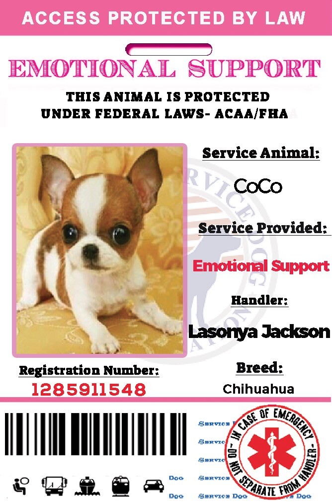 Pink EmotionalSupport Dog Card ID Assistance Animal Badge ADA ESA With Barcode