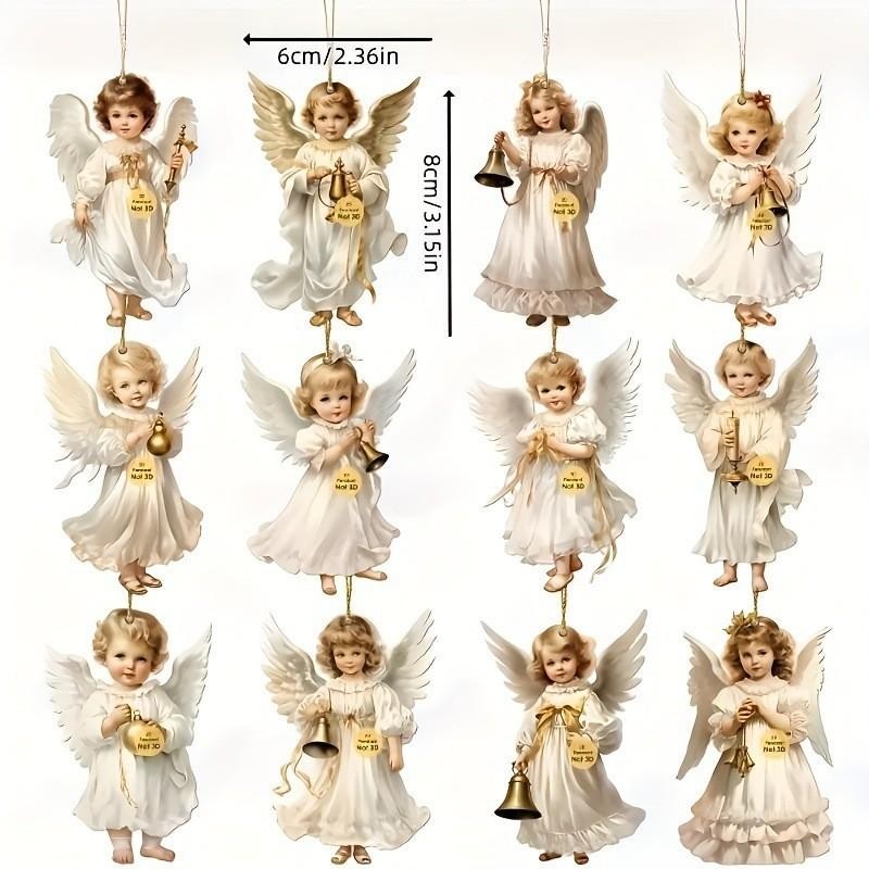 12pcs Vintage Christmas Angel Wooden Pendants, Artificial Wood Hanging Ornaments