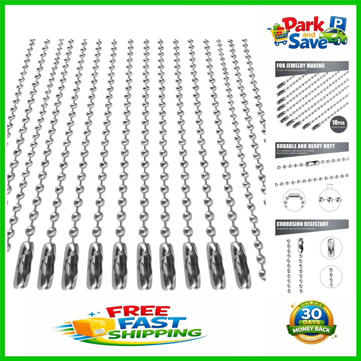 10 Pcs Glossy Silver Dog Tag Chain Necklaces – 27.6″ Long, Durable Design