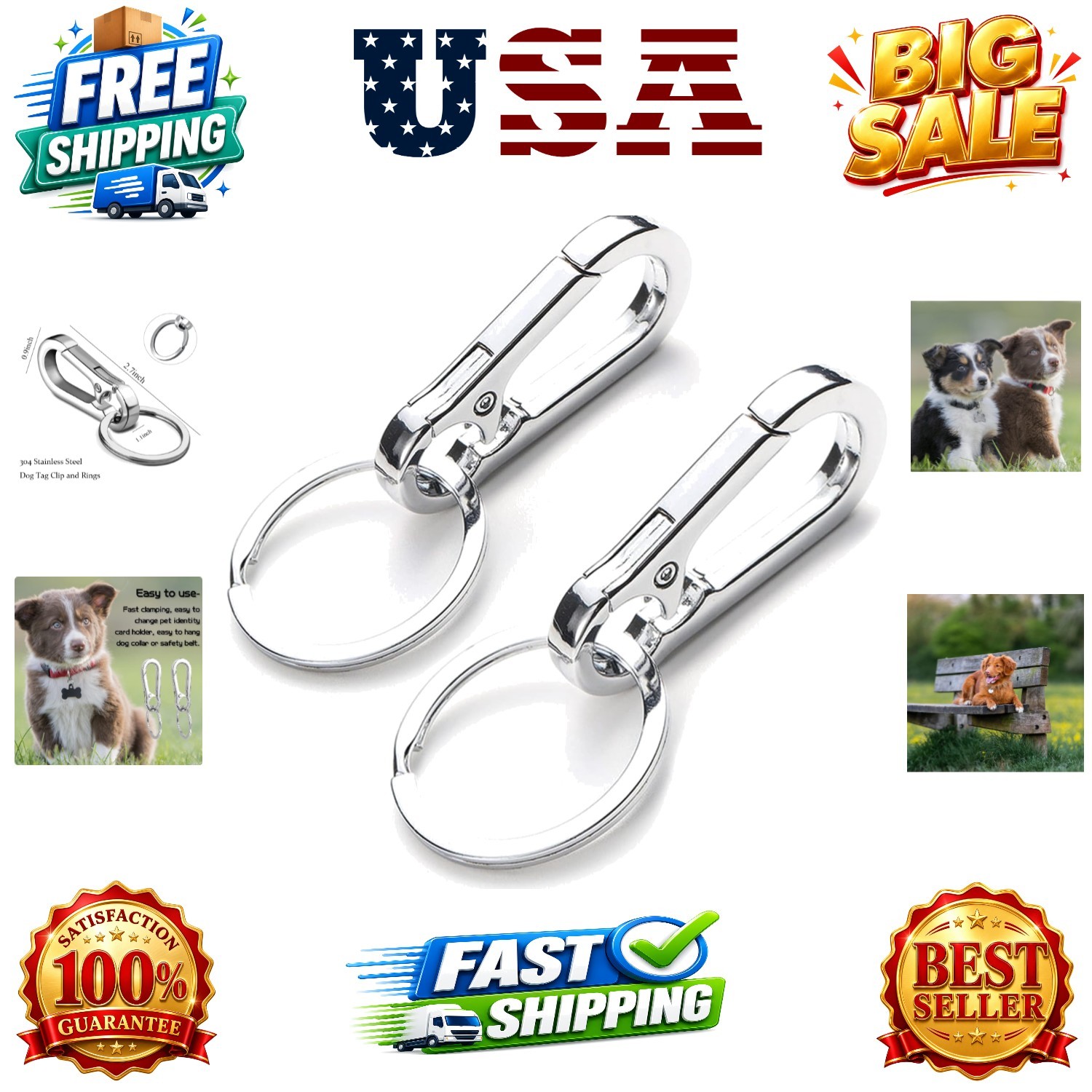 2 Pack Dog Tag Clips, Stainless Steel Heavy Duty Quick Clips with Rings, Easy…