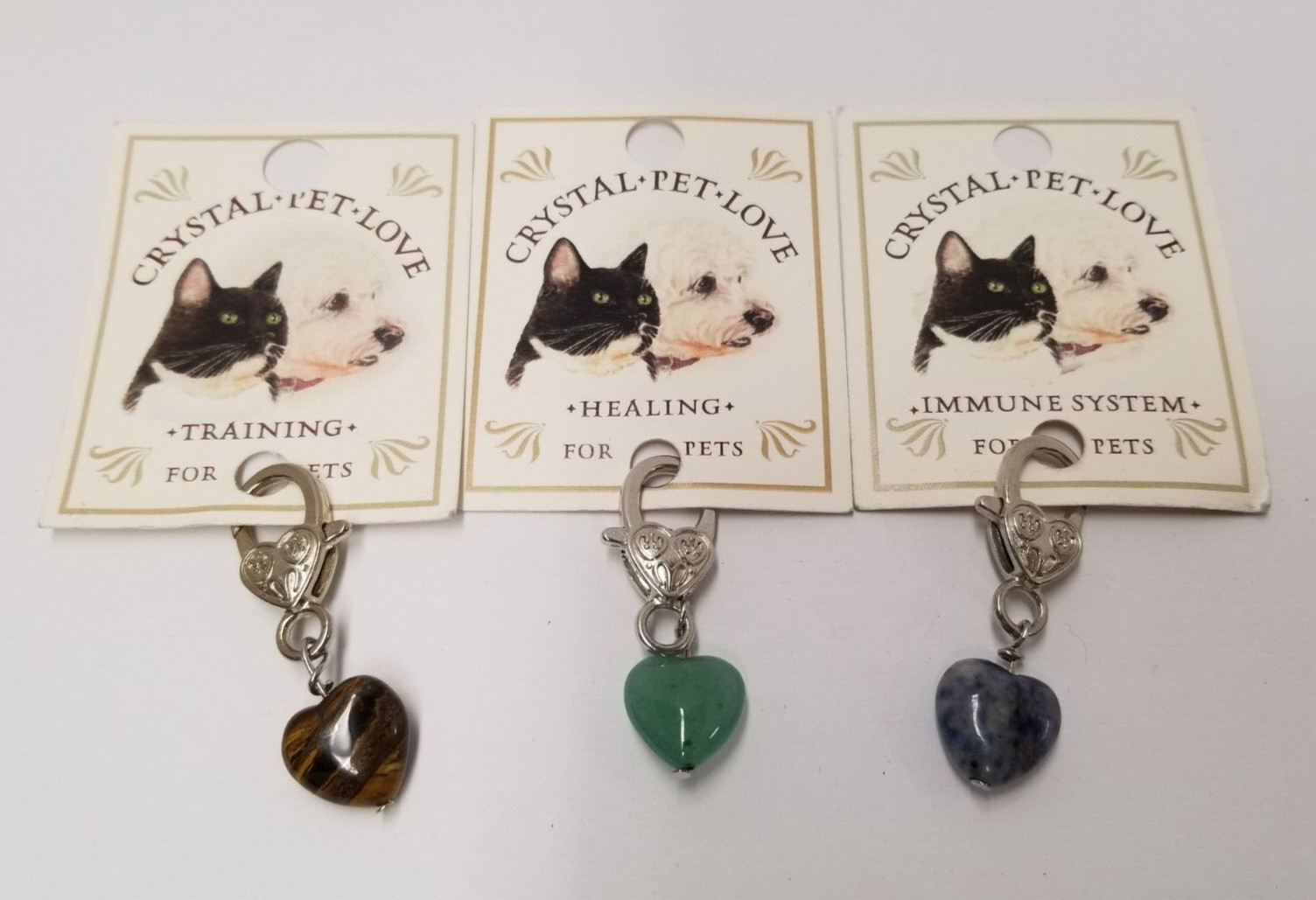 Tiger’s Eye, Green Aventurine, & Sodalite Crystal Heart Pet Collar Charms (3)