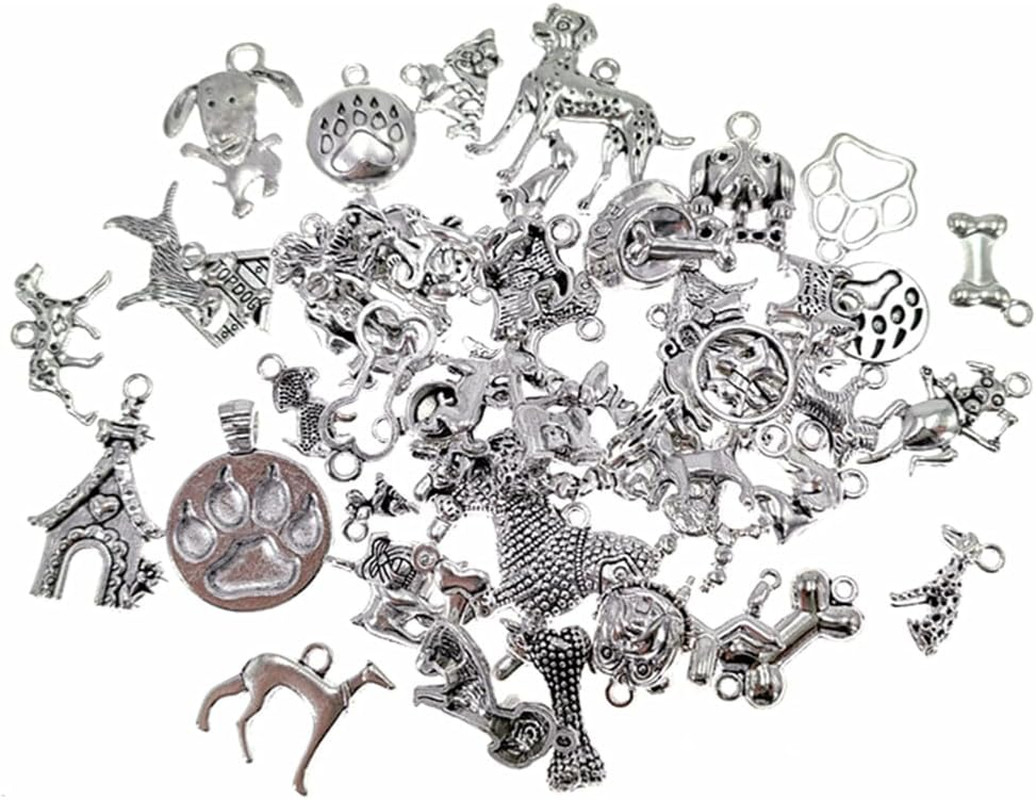 ALIMITOPIA 50Pcs Dog Charm,Assorted Dog Bone Paw Print Footprint Pet Charm Penda