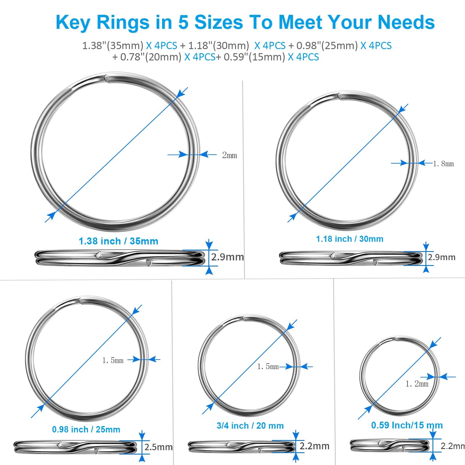 20 Pcs Stainless Steel Split Key Rings Assorted Sizes for DIY Dog Pet Collar Tag