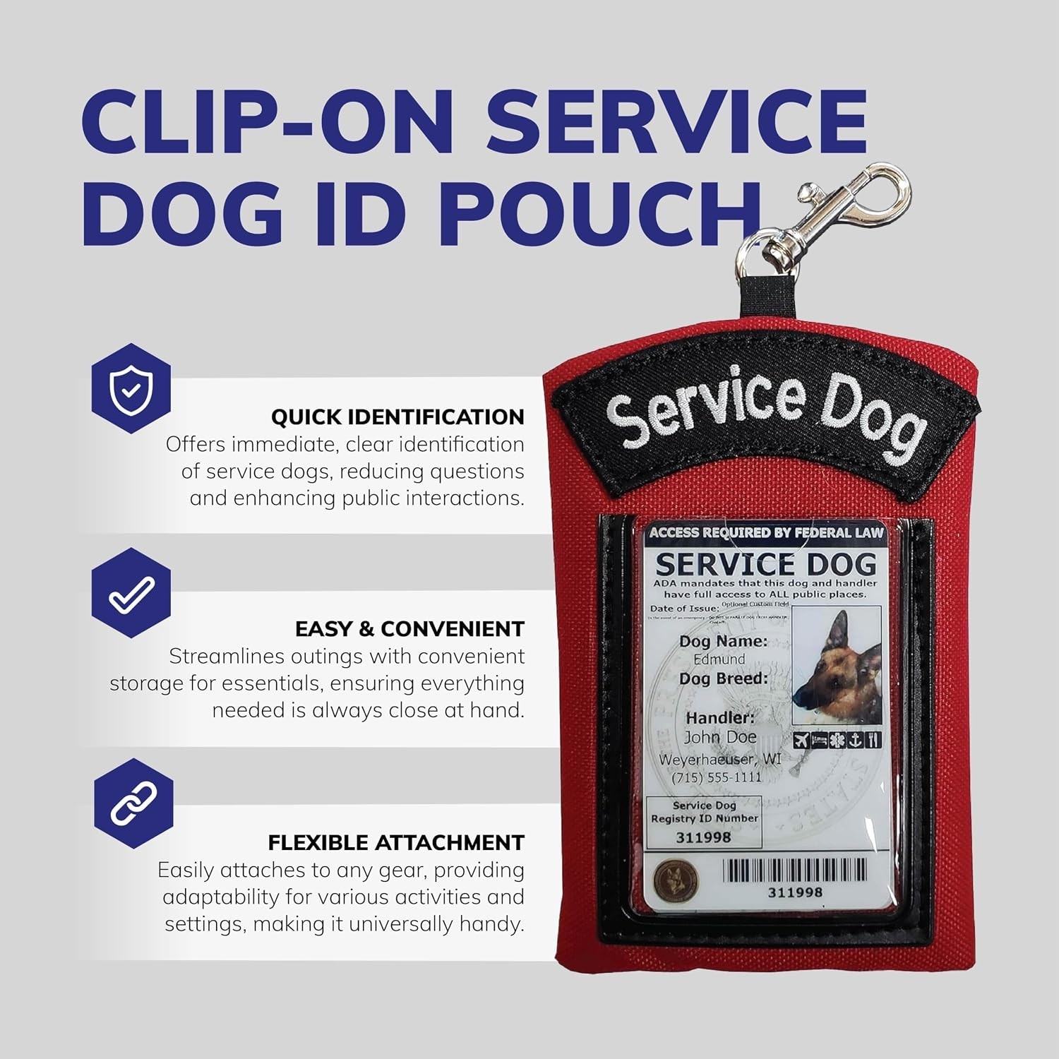 Service Dog ID Card Pouch with Zippered Pocket and Clip-On Design in Red