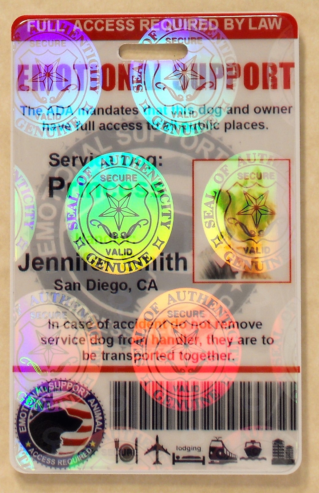 HOLOGRAPHIC EMOTIONAL SUPPORT DOG ID CARD FOR SERVICE DOG ADA RATED VERTICAL 0ES