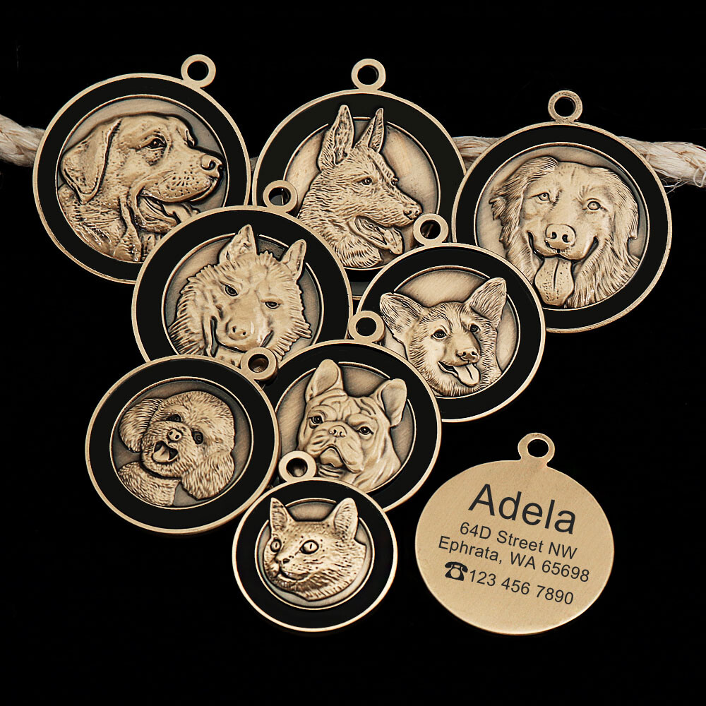 Customized 3D Brass Dog Tags Personalized Pet Puppy ID Name Number Engraved Free