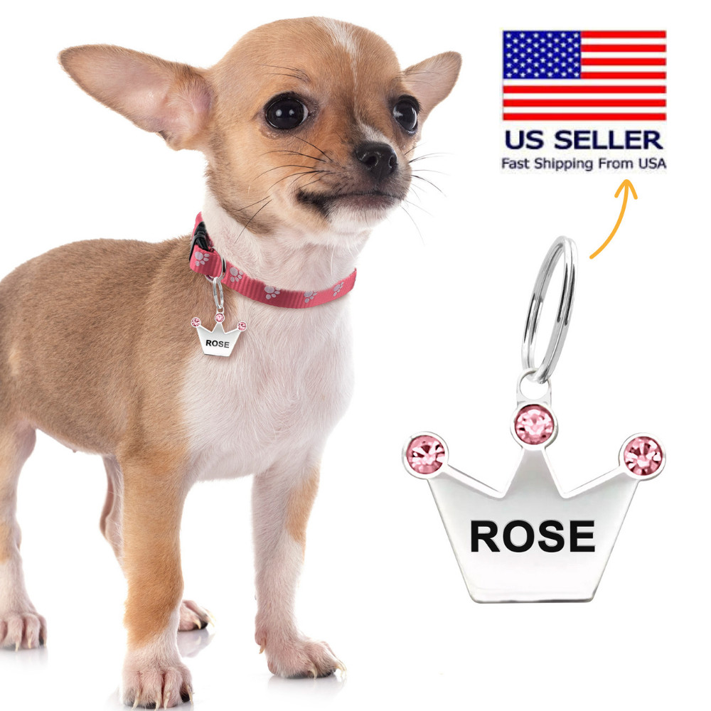 Custom Shiny Crown Cute Pet Tag Engraved Crystals Dog ID Tags Sparkling