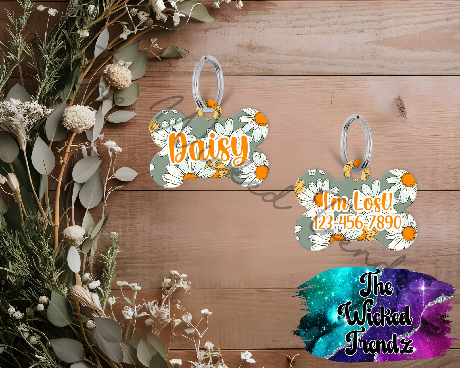 Cute Floral Daisy Flowers Girl Dog Custom Personalized Pet Dog Name ID Tag