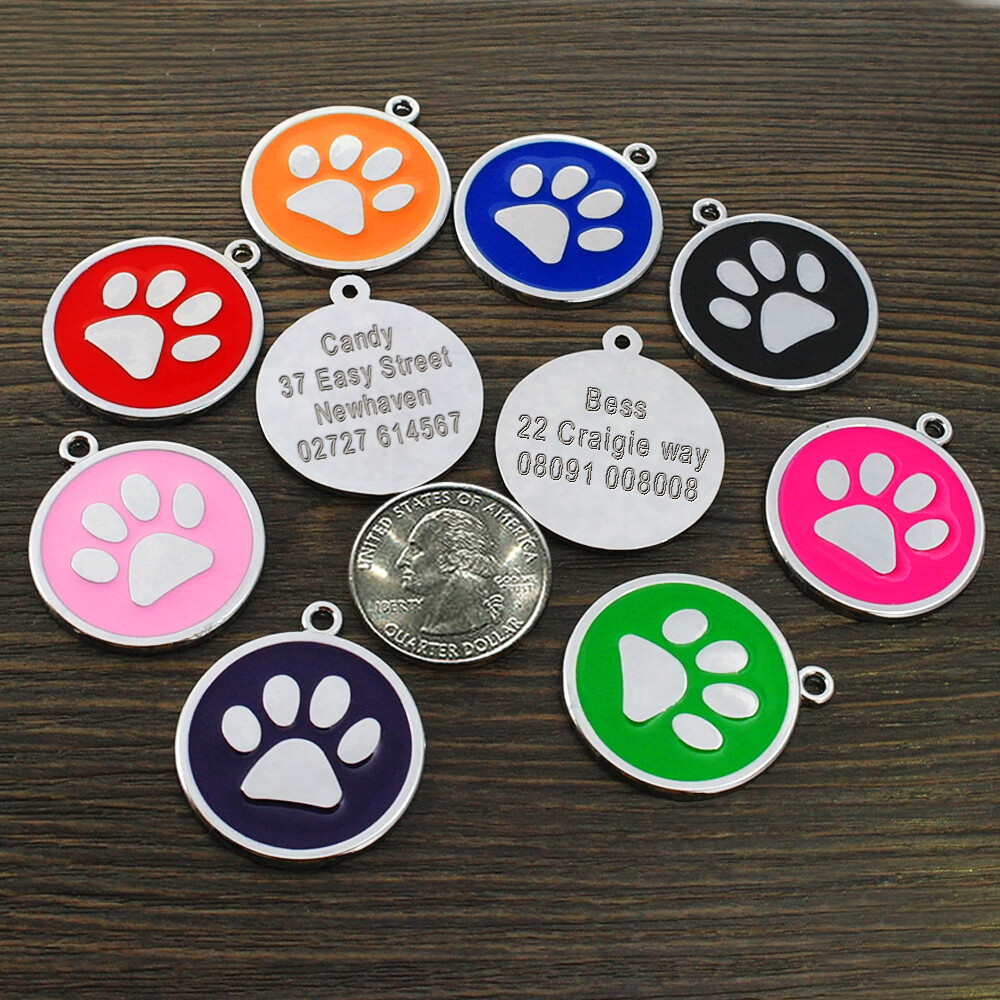Paw Print Dog Tags Custom Pet Puppy Cat Name ID Collar Tag Engraved Free Whistle