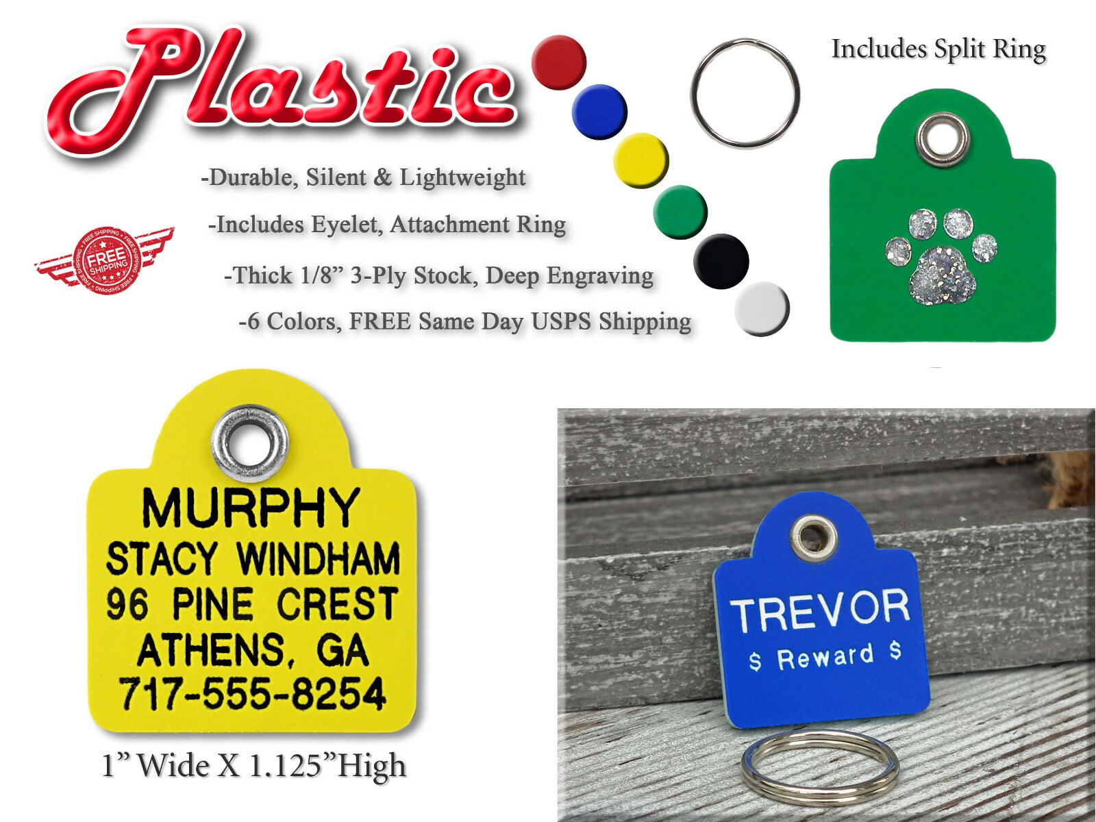 SMALL SQUARE PLASTIC Pet Dog Cat Identification Name Tags-Custom Engraved ID Tag