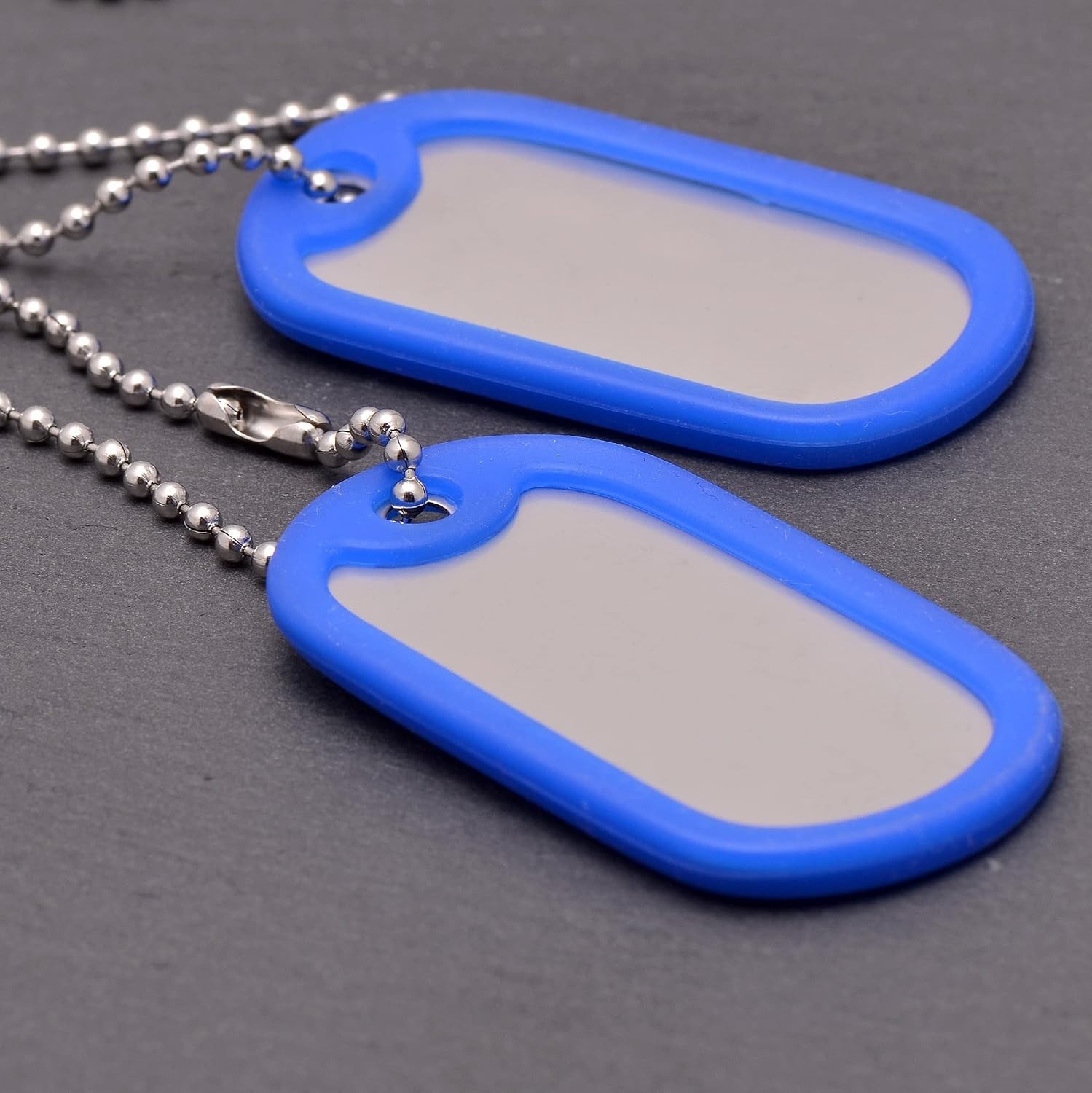 Military Dog Tags Necklace Set with Bead Chains and Blue Silicone Silencers