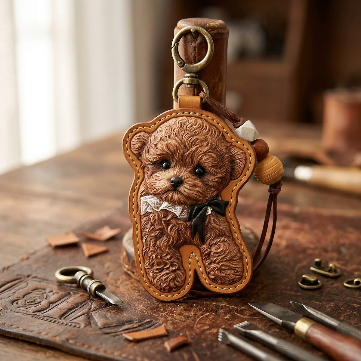 Custom Hand Drawn Pet Portrait Keychain PU Leather Carved Dog Cat Memorial Gift