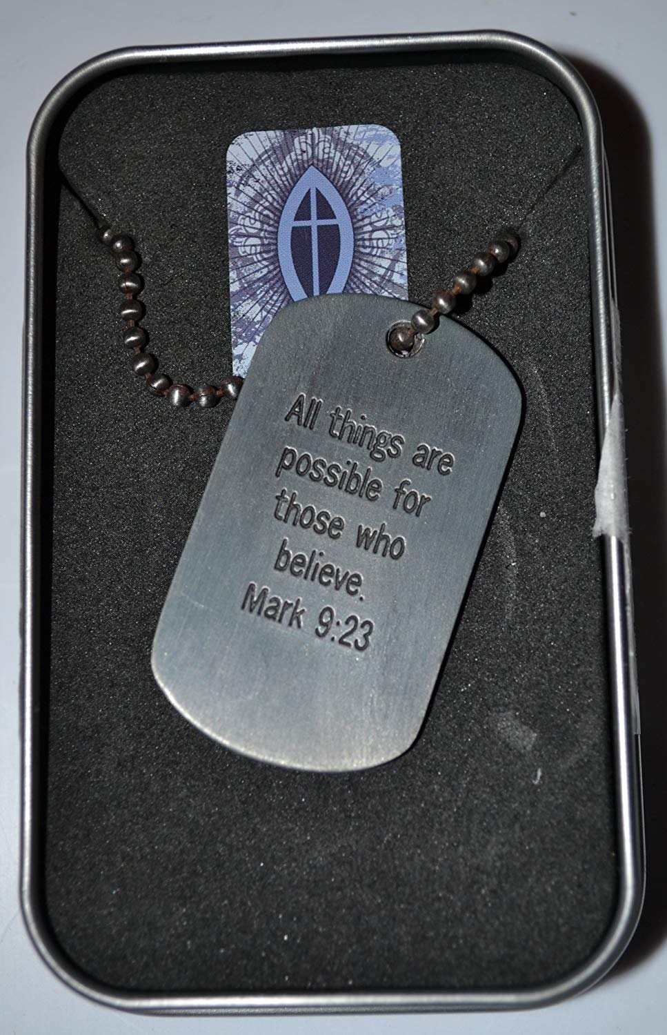 Savior Steel Scripture Dog Tag Necklaces in Tin (Mark 9:23)