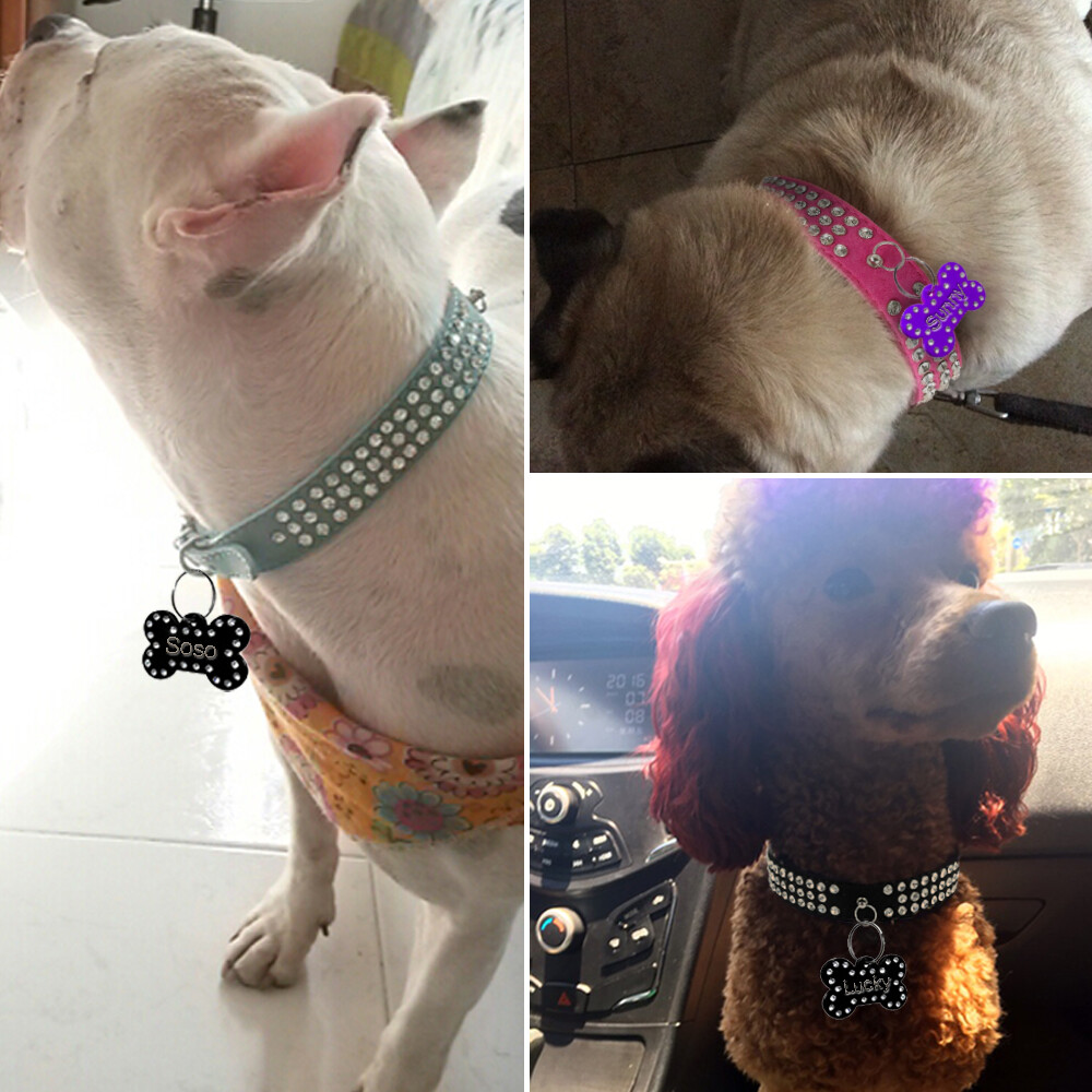 20/100pcs 40mm Personalized Dog Tags Glitter Rhinestone Bulk Bone Pet Name Discs