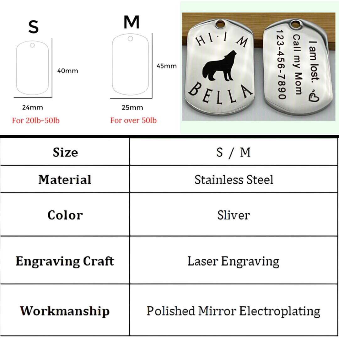 Customized Dog Tags,Rectangle Stainless Steel Pet ID Tag Dog,Anti-Loss ID Tags