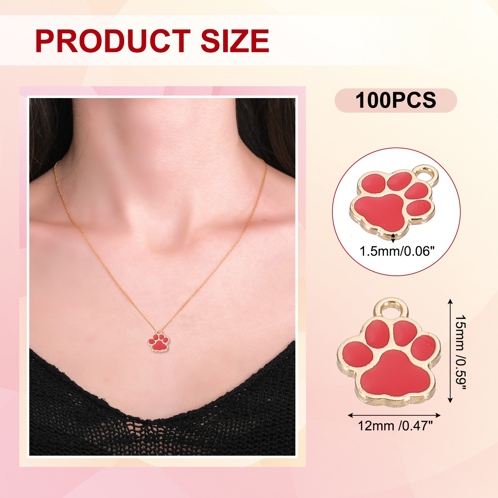 Enamel Paw Print Charm, 100Pcs Alloy Enamel Pendants , Red/gold