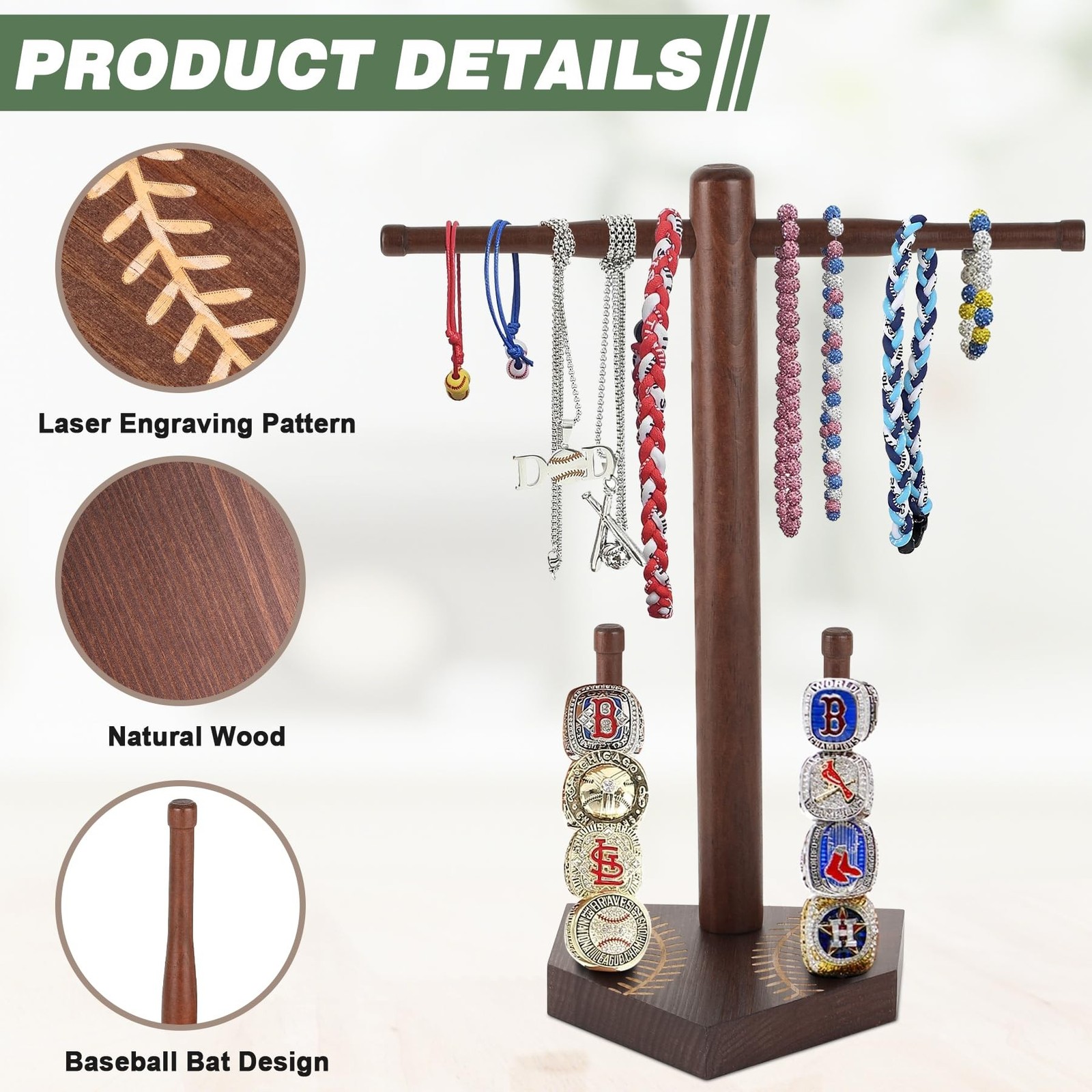 Baseball Ring & Drip Necklace Holder, Wooden Baseball or Softball Ring Displa…