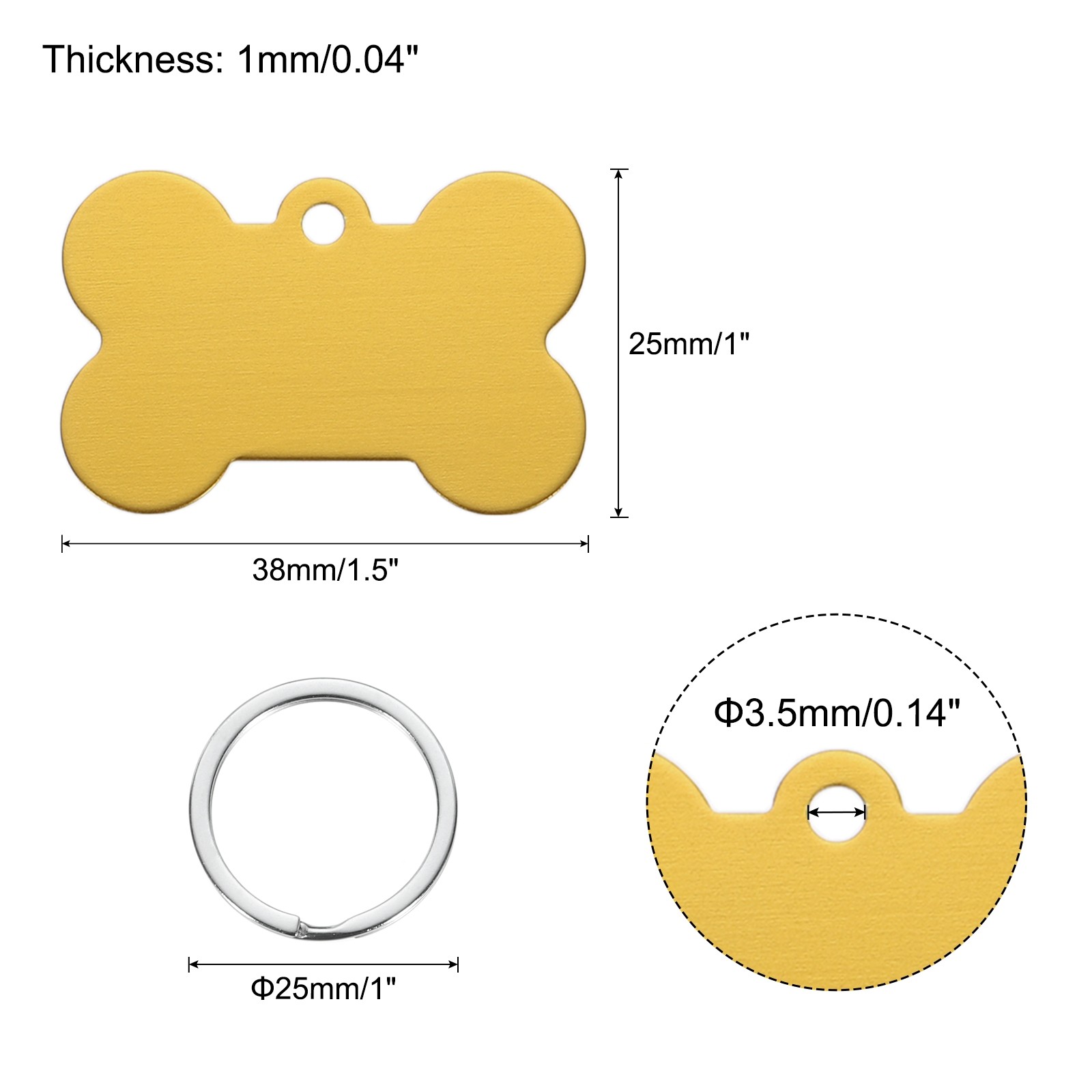 Bone Shaped Dog Tag Pet ID Tags, 1.5″x1″ Metal Yellow Blank with Ring, 10pcs